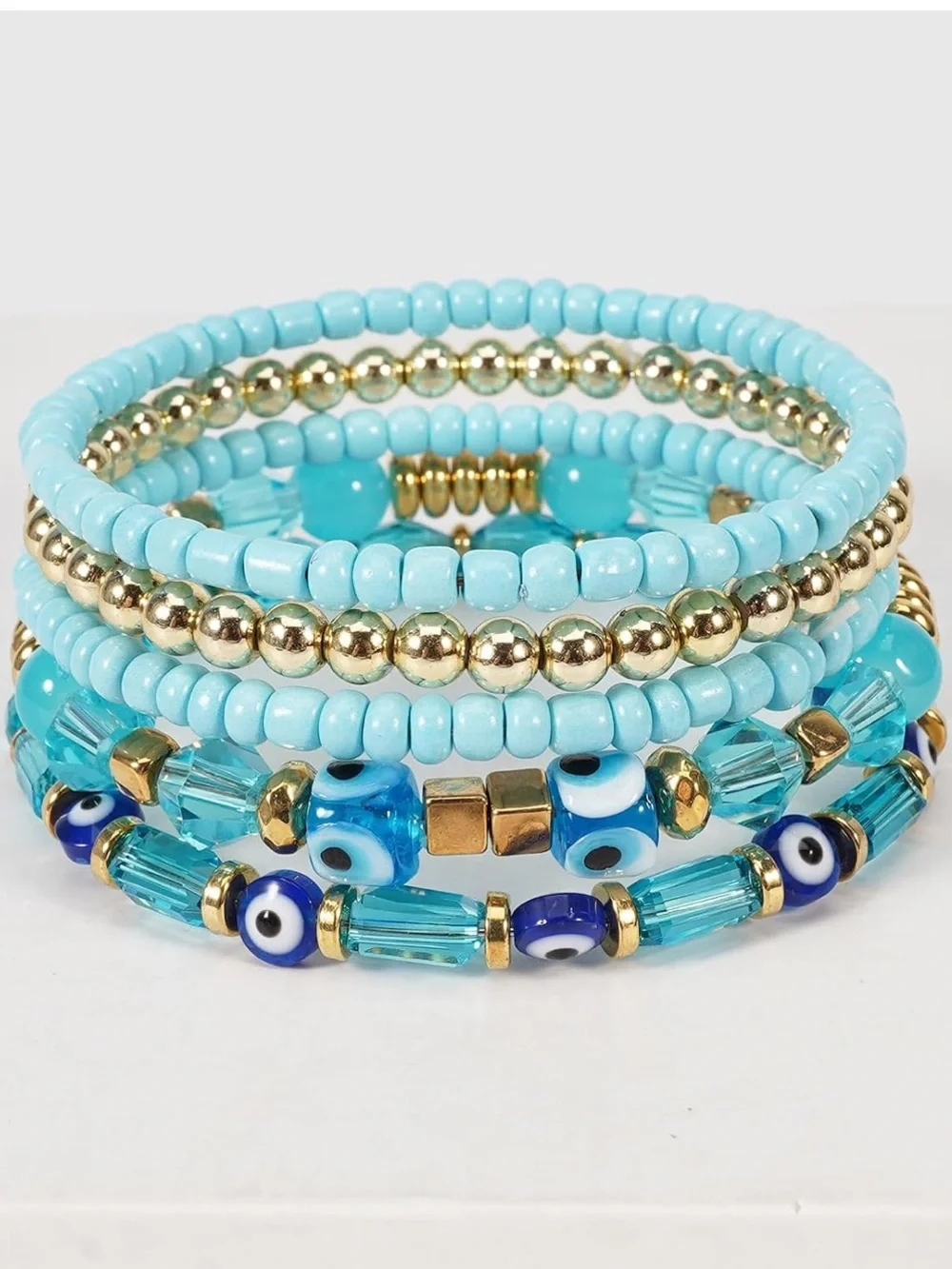 Turquoise Beaded Stack Bracelet Set with Gold Accents